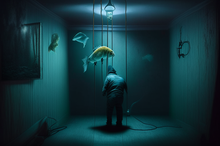 A person tied with handcuff against a pole in a room with dim light with fish tank at the back 