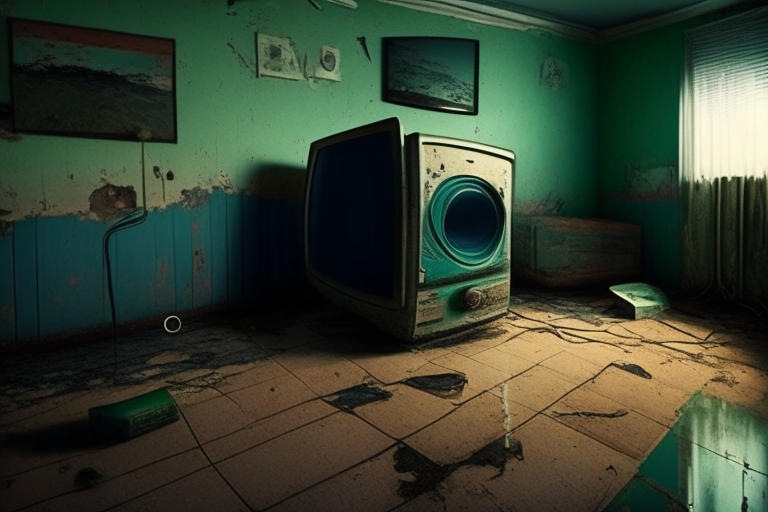 A weird room with posters in the wall and an old TV, few gallons on the floor