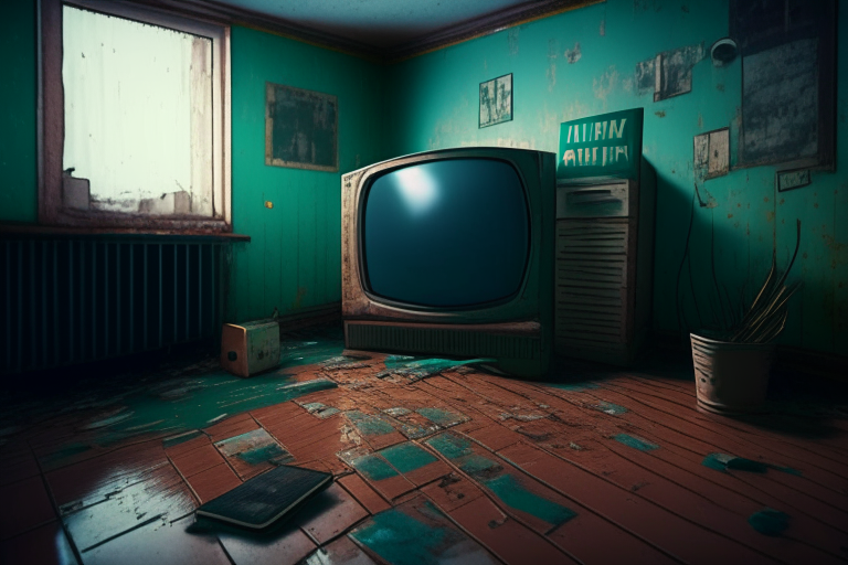A weird room with posters in the wall and an old TV, few gallons on the floor, realistic 4k