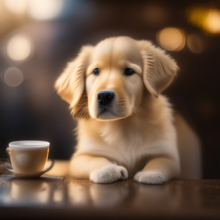 a golden retriever puppy drinking a latte with heart-shaped latte art, bokeh, 35mm