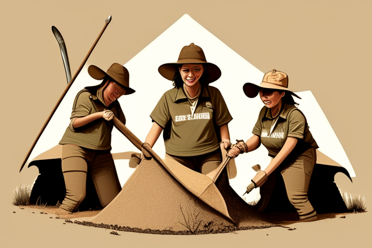 three female archeologists in khaki clothes and hats, holding shovels and brushes, with a triceratops logo on their tent