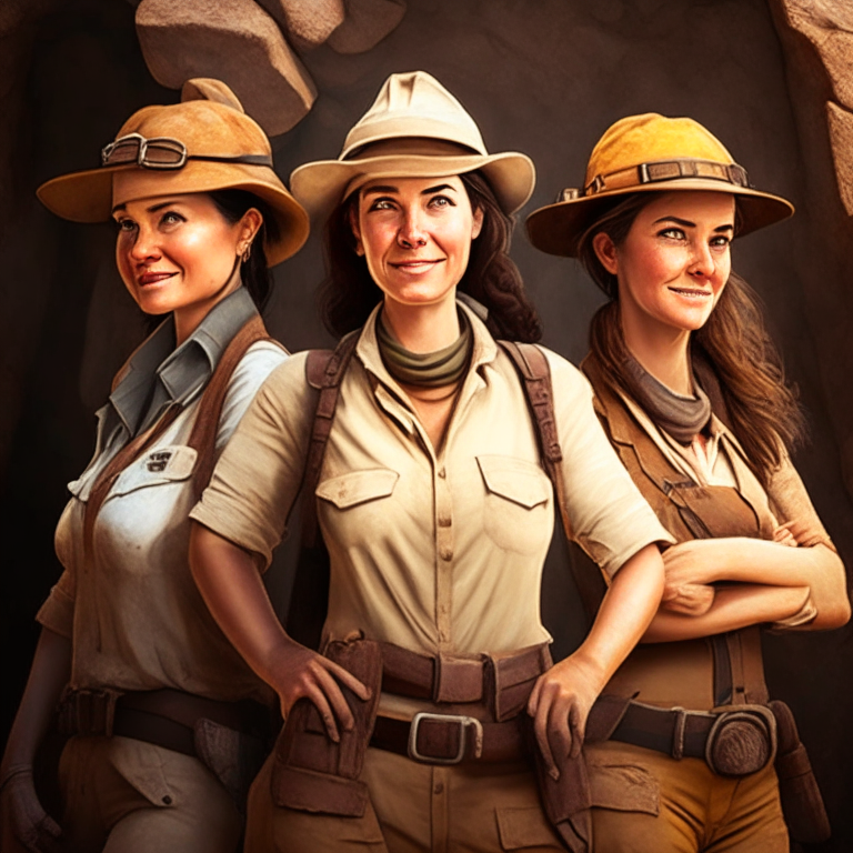 Three female archeologists, looking confident.