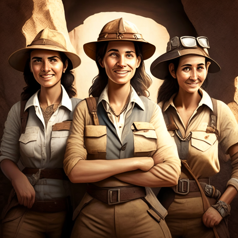 Three female archeologists, looking confident.