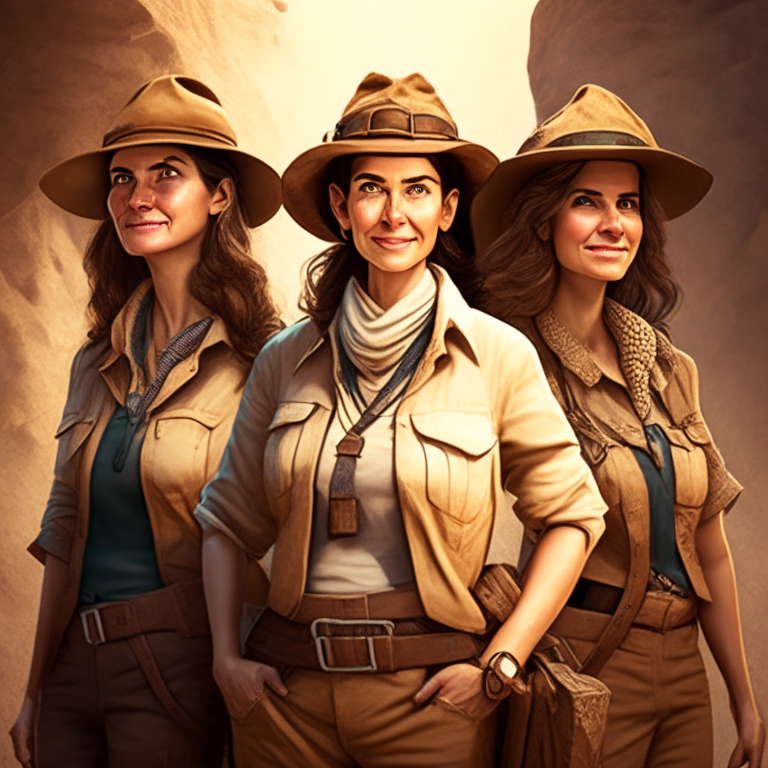 Three female archeologists, looking confident.