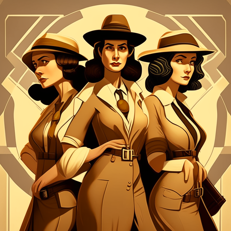 Three female archeologists, looking confident.  in an art deco style