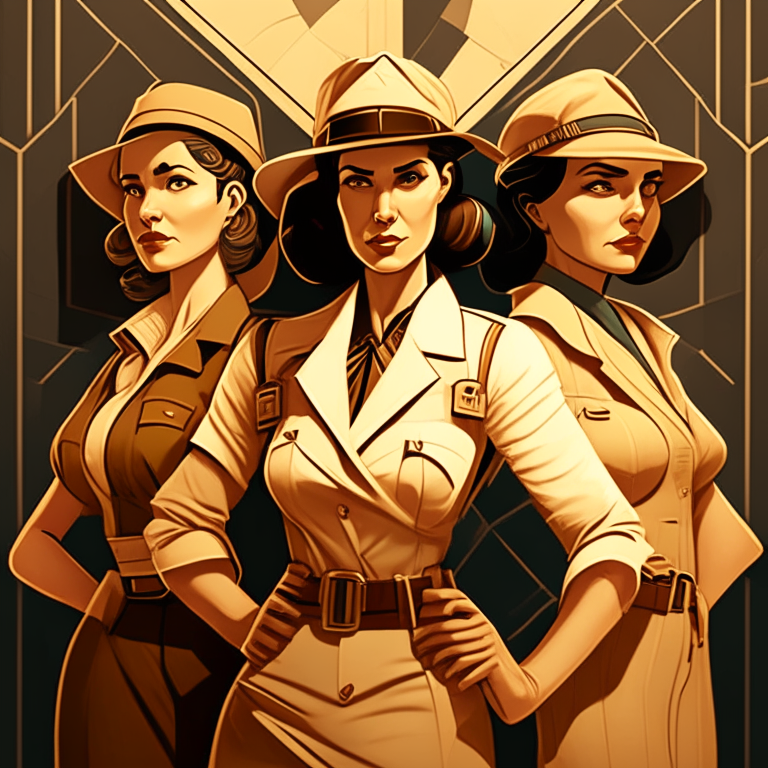 Three female archeologists, looking confident.  in an art deco style