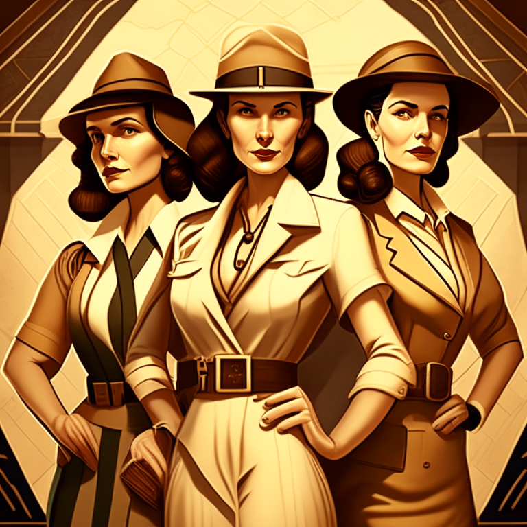 Three female archeologists, looking confident.  in an art deco style