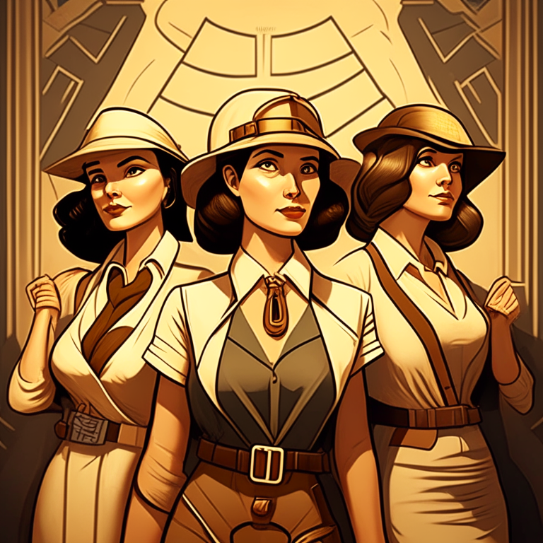 Three female archeologists, looking confident.  in an art deco style