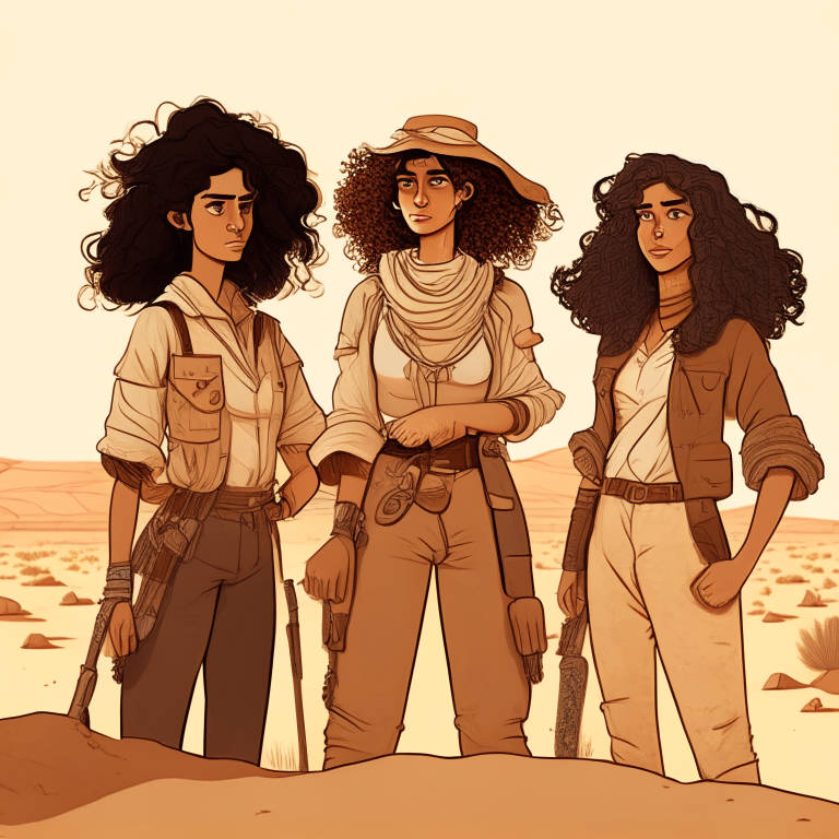 three female archeologists standing together in the desert. the middle one has curly brown hair. no text or lettering.