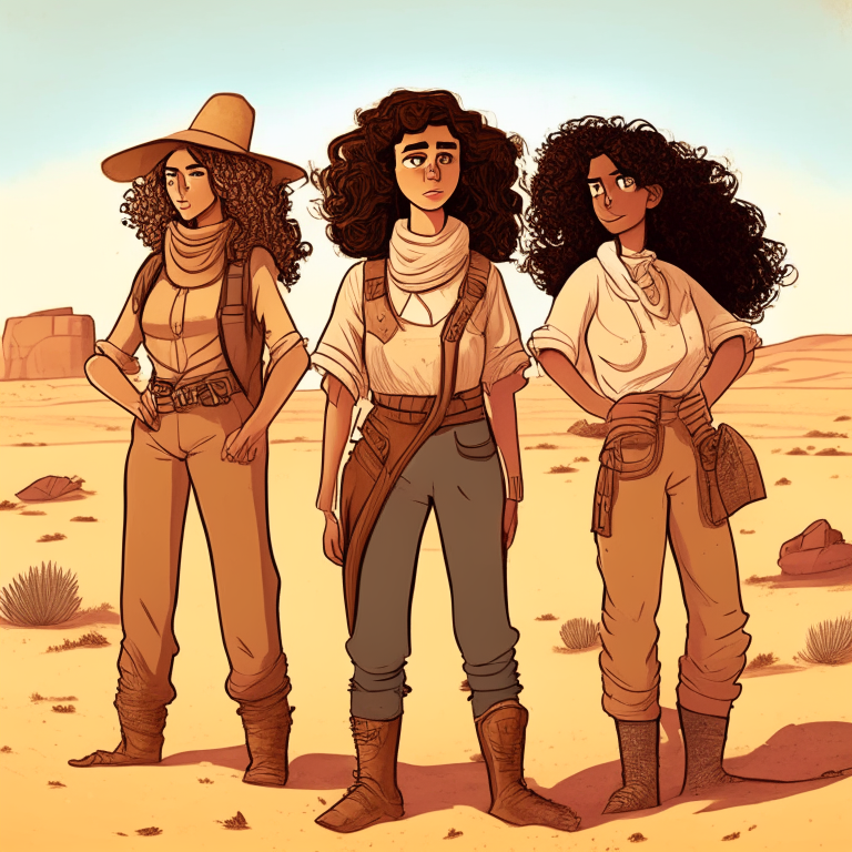 three female archeologists standing together in the desert. the middle one has curly brown hair. no text or lettering.