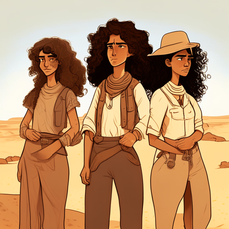 three female archeologists standing together in the desert. the middle one has curly brown hair. no text or lettering.