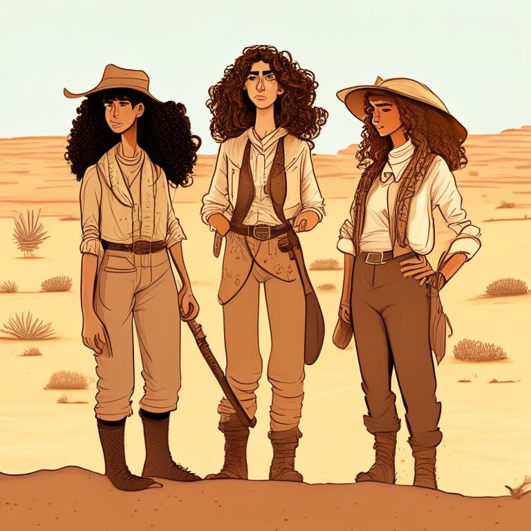 three female archeologists standing together in the desert. the middle one has curly brown hair. no text or lettering.