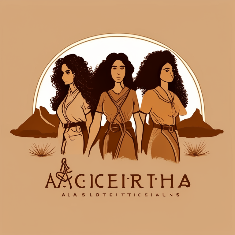logo design featuring three female archeologists standing together in the desert. the middle female has brown curly hair. the left and right females have short to medium straight hair. no text.