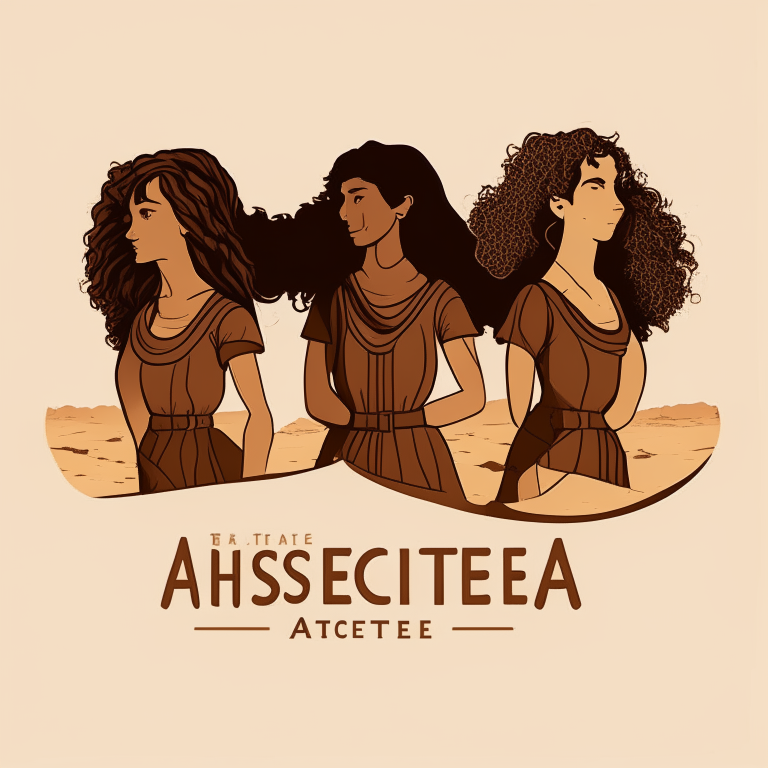 logo design featuring three female archeologists standing together in the desert. the middle female has brown curly hair. the left and right females have short to medium straight hair. no text.