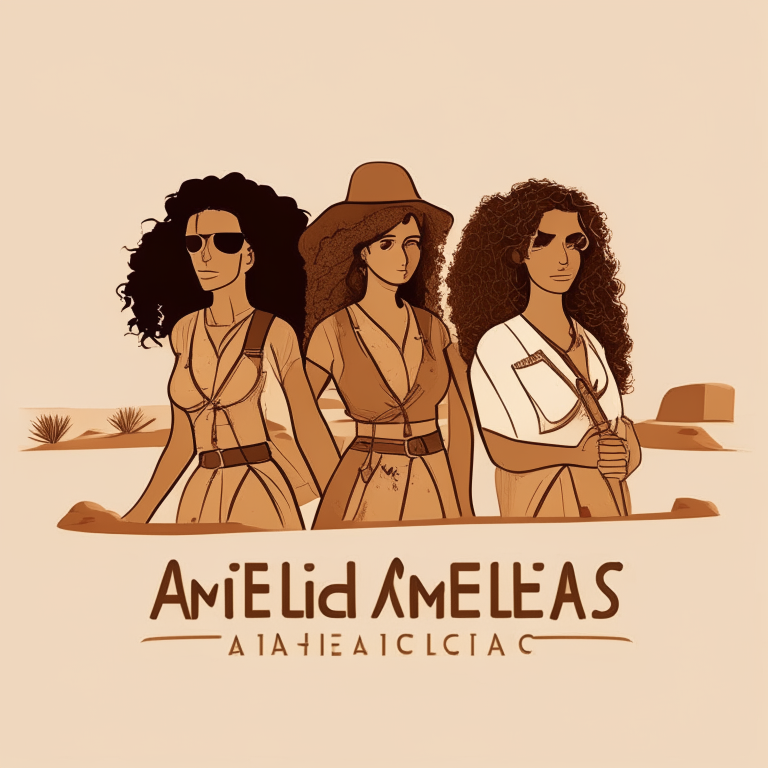 logo design featuring three female archeologists standing together in the desert. the middle female has brown curly hair. the left and right females have short to medium straight hair. no text.