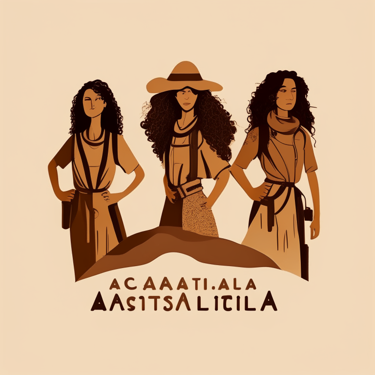 logo design featuring three female archeologists standing together in the desert. the middle female has brown curly hair. the left and right females have short to medium straight hair. no text.