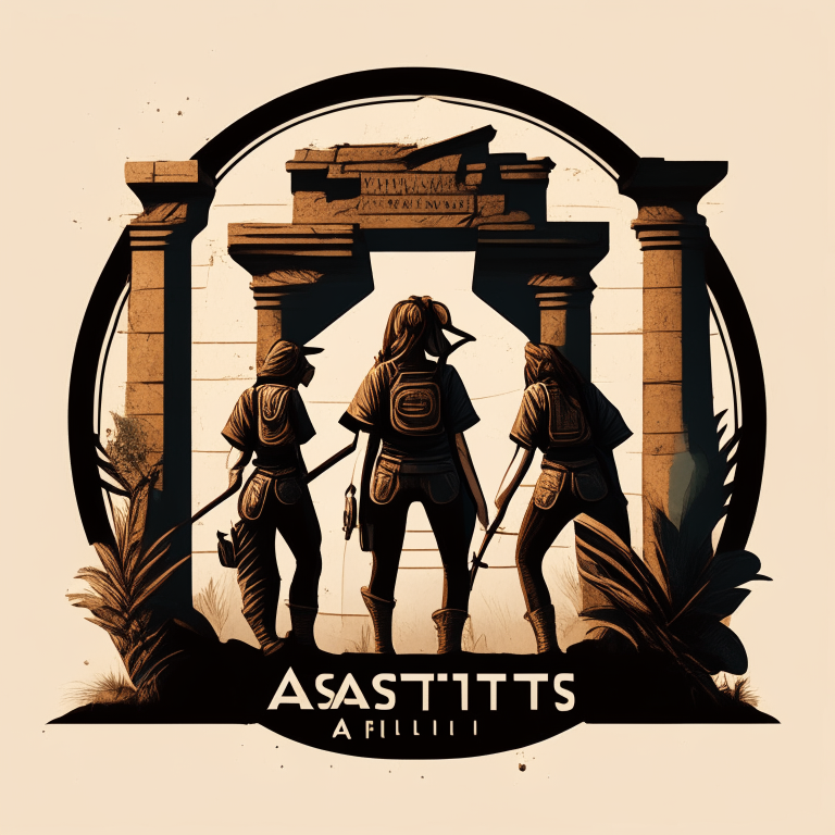a logo design featuring three female archeologists exploring ruins