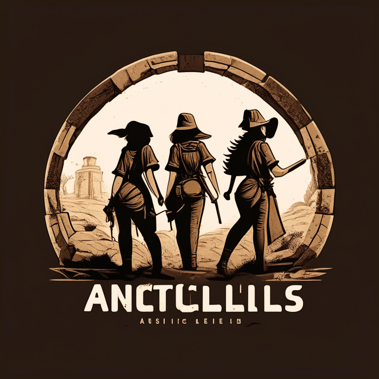 a logo design featuring three female archeologists exploring ruins