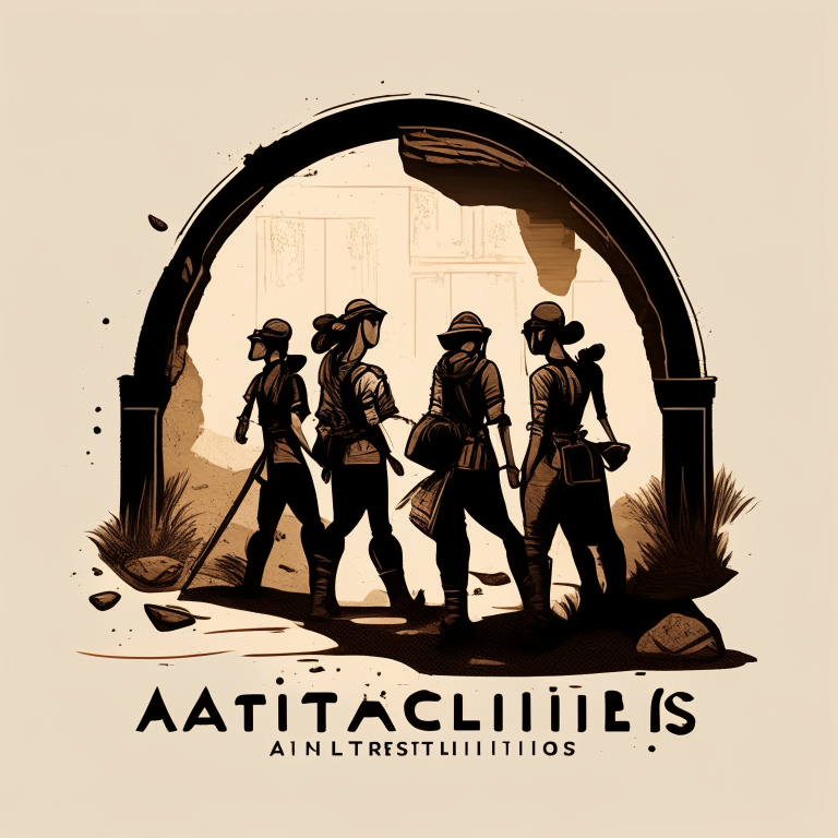 a logo design featuring three female archeologists exploring ruins