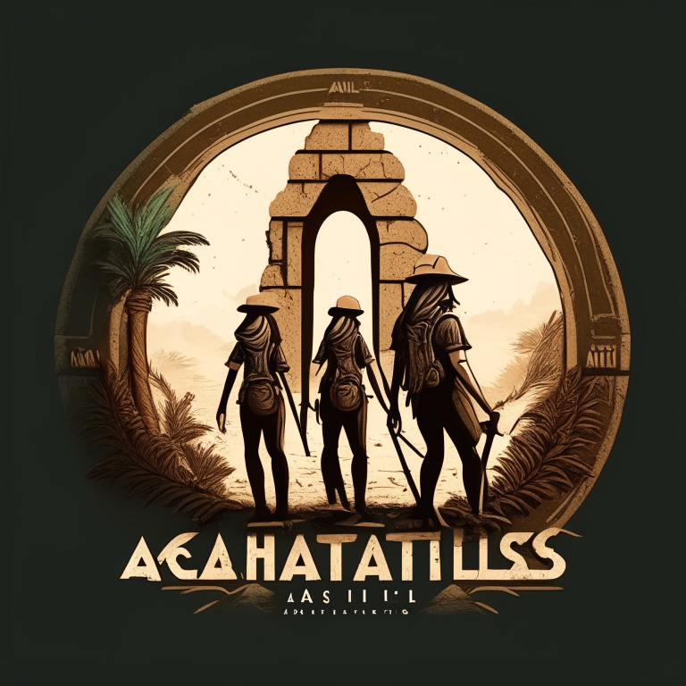 a logo design featuring three female archeologists exploring ruins
