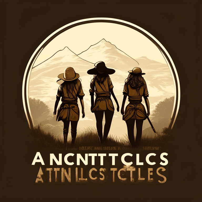 logo for three female archeologists, set in the pacific northwest of the united states of america