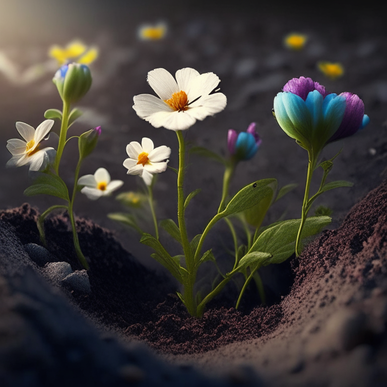 flowers that are growing from the ground, with dirt and roots. flowers that are growing from the ground