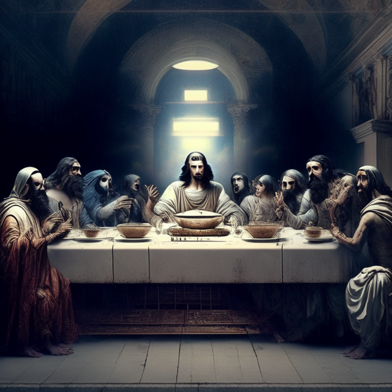 the last supper from the bible but in the future with artificial intelligence. the last supper from the bible but in the future with ai