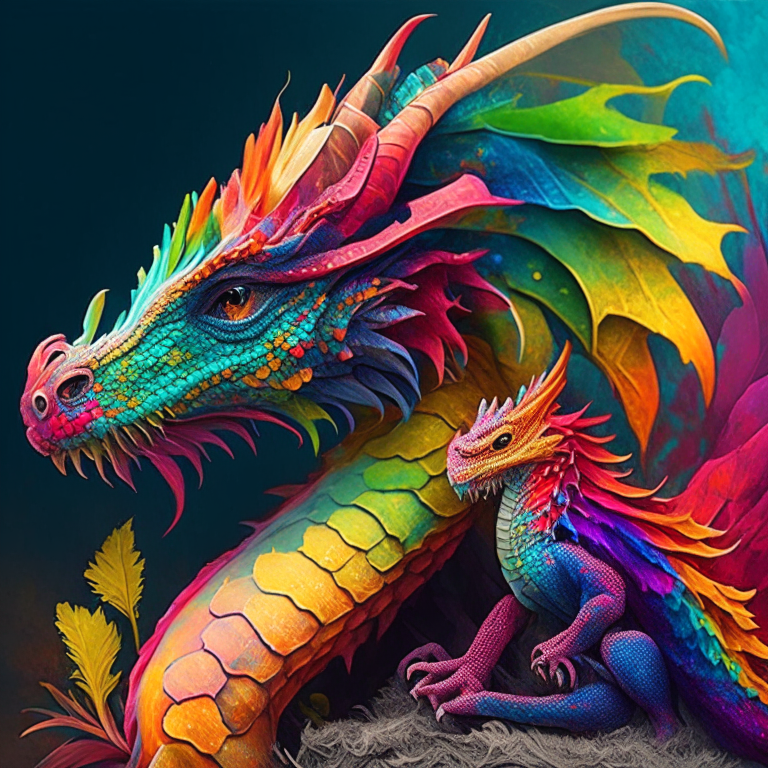 A colourful grown dragon with a young colourful dragon 