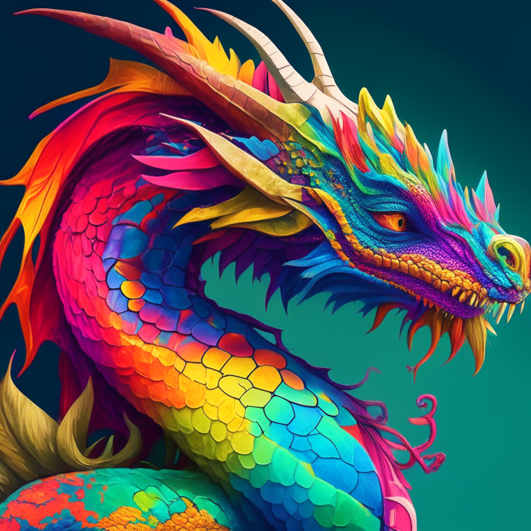 A colourful grown dragon with a teenage colourful dragon 