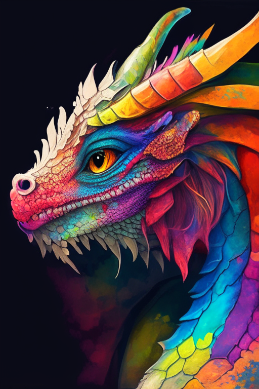 A young teenage colourful dragon with an old colourful dragon