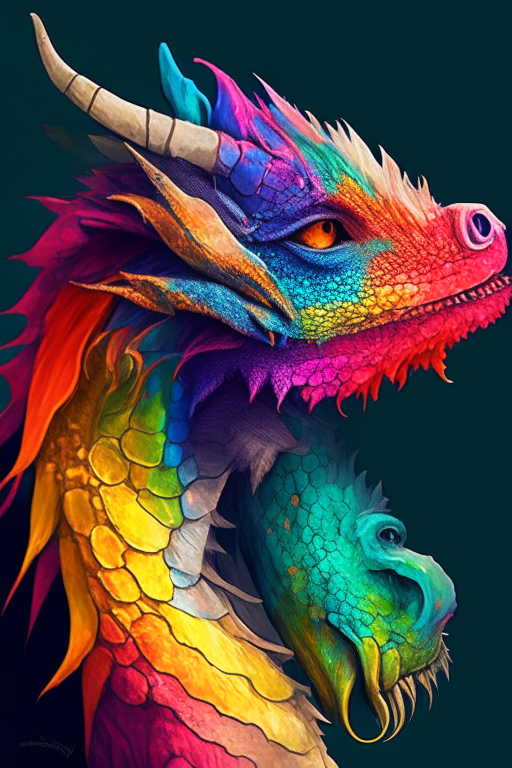 A young teenage colourful dragon with an old colourful dragon