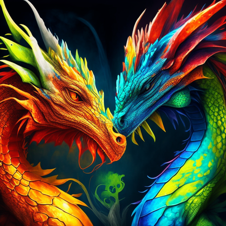 Two colourful dragons: a young and an old one