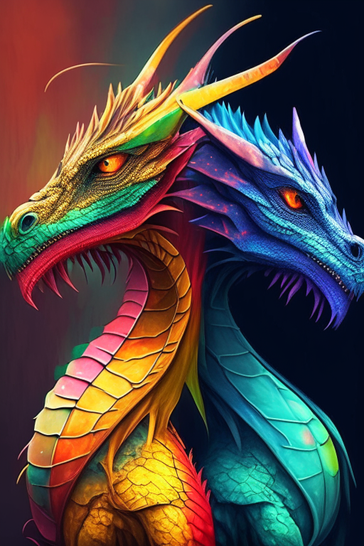 Two colourful dragons standjng side by side: a young and an old one