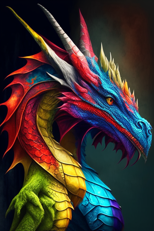 Two colourful dragons standjng side by side: a young and an old one