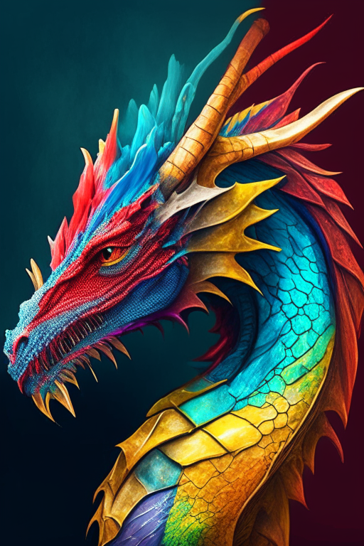 Two colourful dragons standjng side by side: a young and an old one
