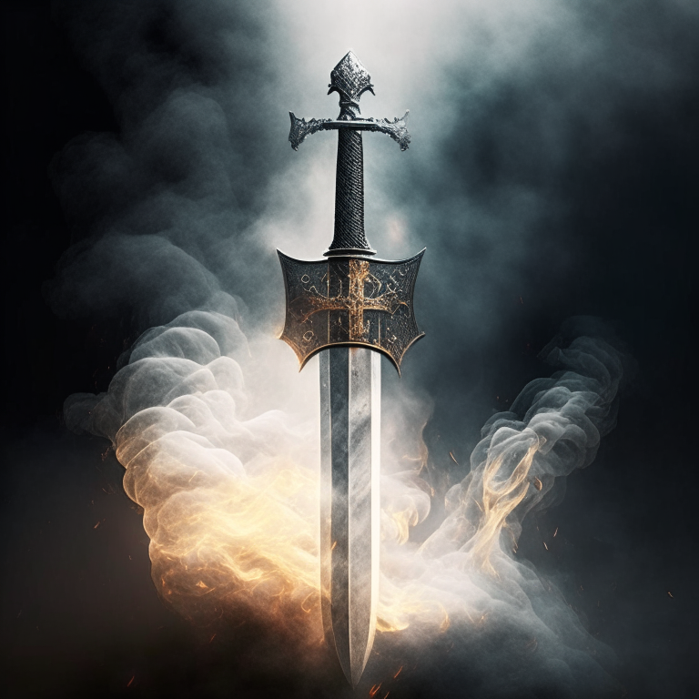 Create a mythical sword. Knights templar style that has smoke wafting from the blade