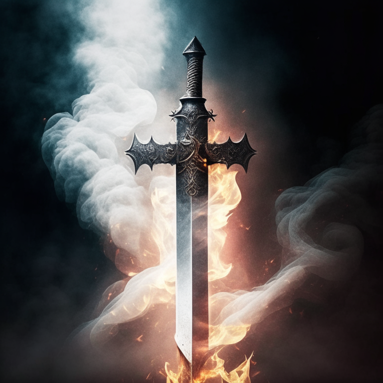 Create a mythical sword. Knights templar style that has smoke wafting from the blade