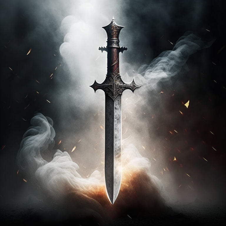 Create a mythical sword. Knights templar style that has smoke wafting from the blade