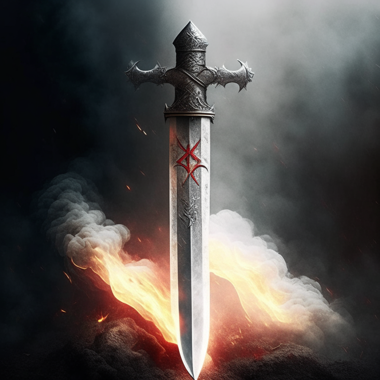 Create a mythical sword. Knights templar style that has smoke wafting from the blade