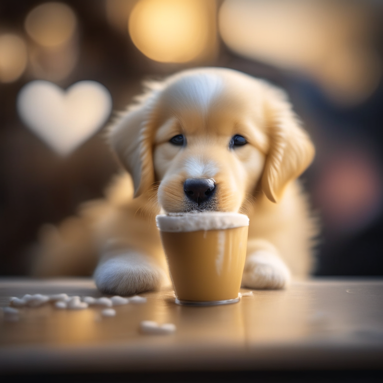 a golden retriever puppy drinking a latte with heart-shaped foam art, bokeh, 35mm