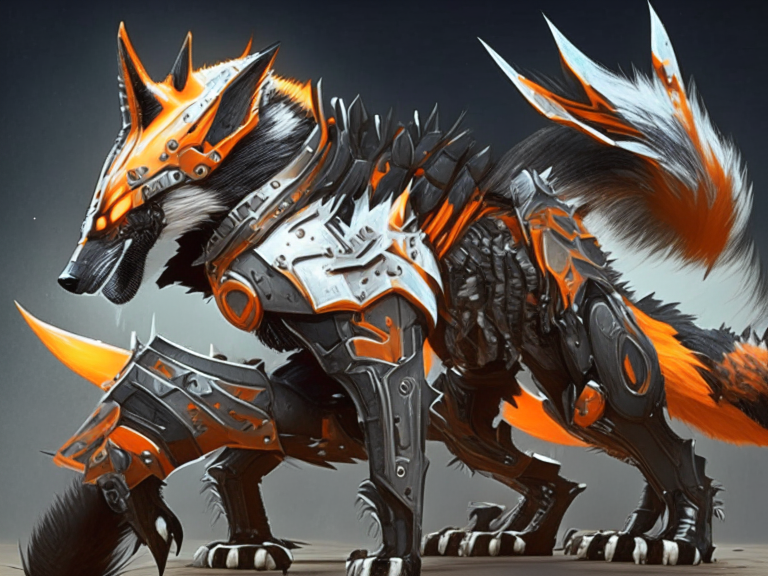 armored werefox with orange and black armor and an energy tail