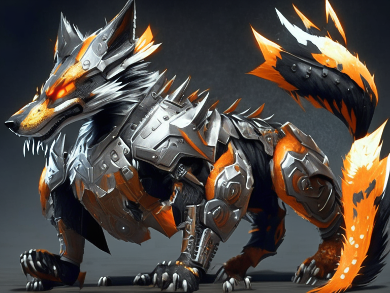 armored werefox with orange and black armor and an energy tail