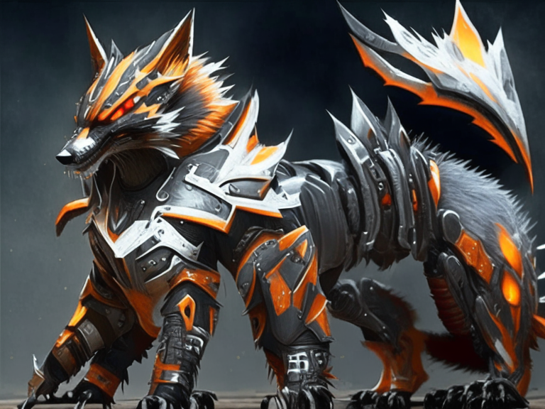 armored werefox with orange and black armor and an energy tail