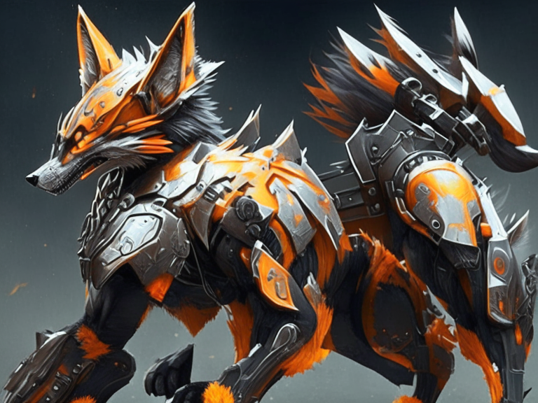 armored werefox with orange and black armor and an energy tail