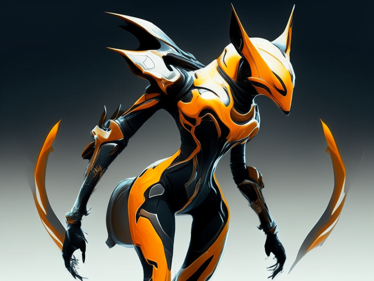 create a fox warframe suit that is orange and black with an energy tail.
