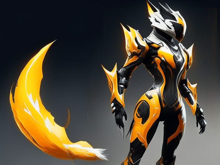create a fox warframe suit that is orange and black with an energy tail.