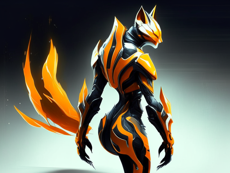 create a fox warframe suit that is orange and black with an energy tail.