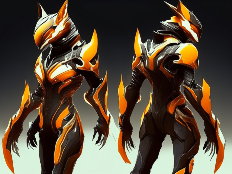 create a fox warframe suit that is orange and black with an energy tail.