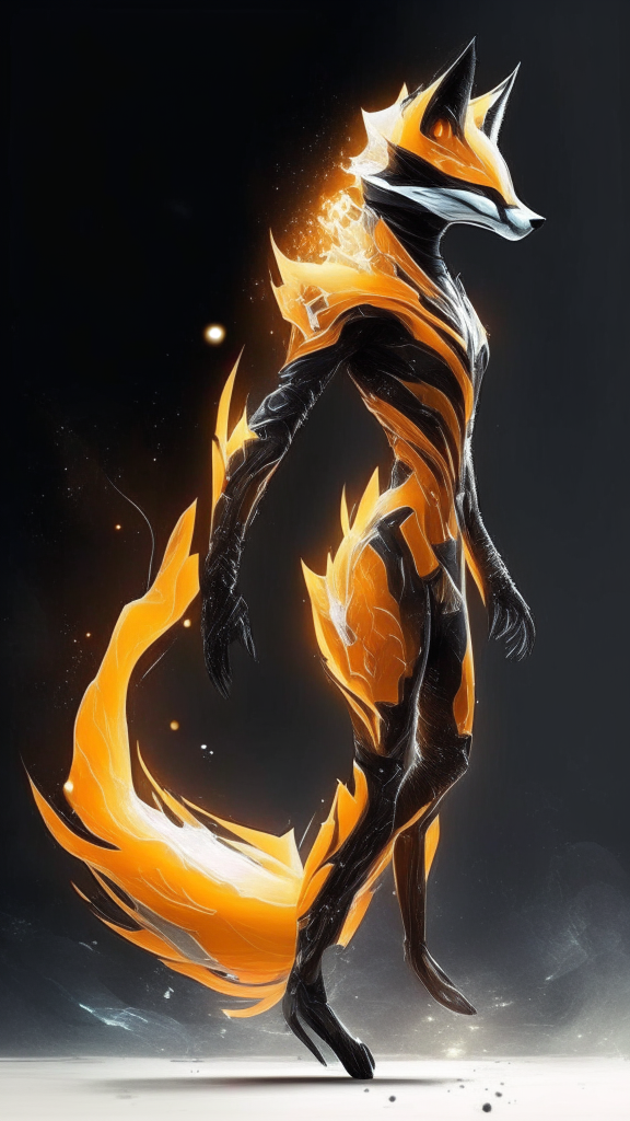 fox warframe suit that is orange and black with an ethereal energy tail