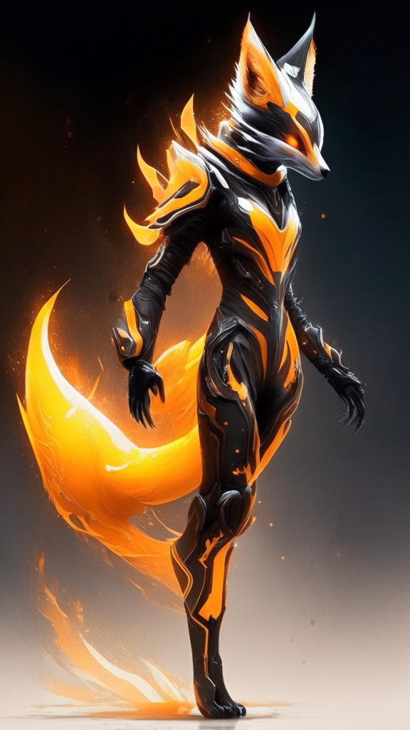 fox warframe suit that is orange and black with an ethereal energy tail